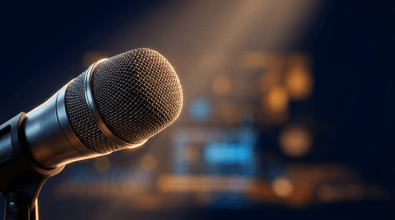 Close-up of professional microphone with warm studio lighting and soft bokeh background, dust particles in light beam.