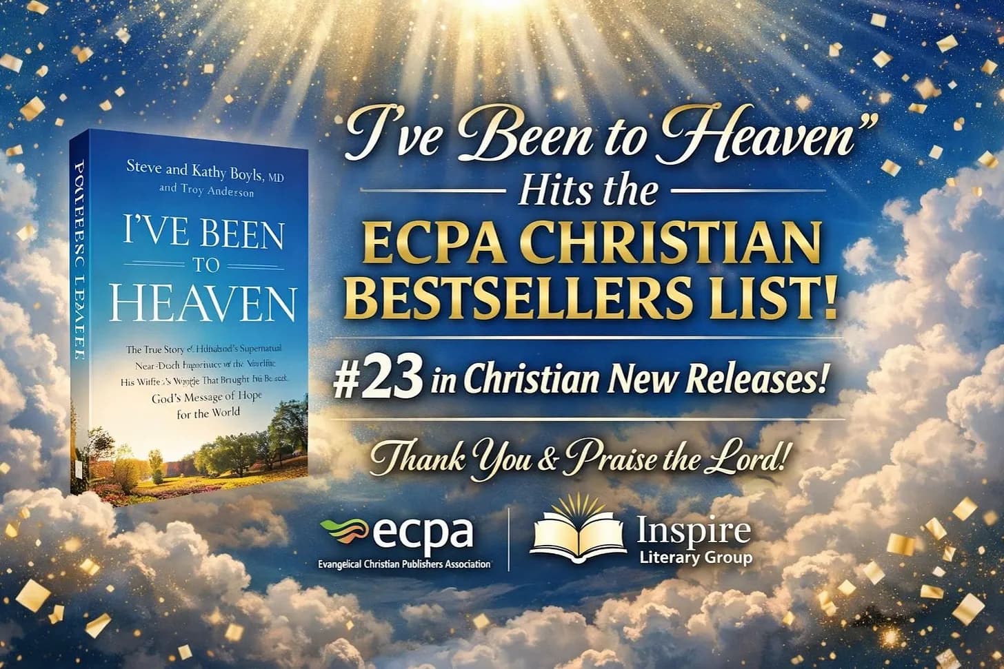 Book 'I've Been to Heaven' hits ECPA Christian Bestsellers list, ranked #23, heavenly background.