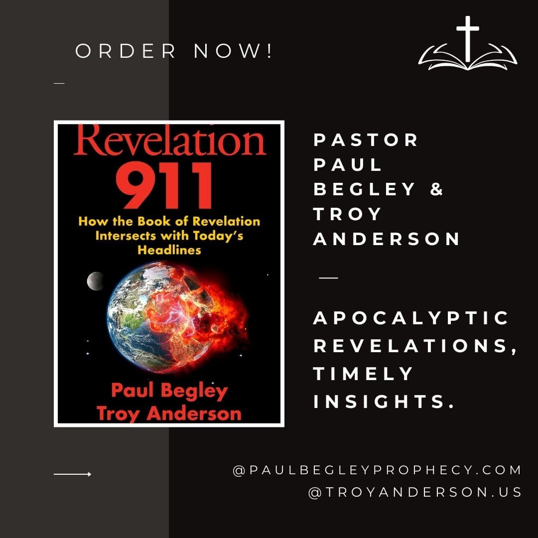 Revelation 911 book promotion by Paul Begley and Troy Anderson featuring a fiery Earth.