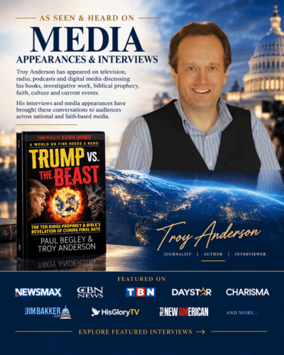 Troy Anderson promotional graphic featuring his book Trump vs. The Beast and media logos.